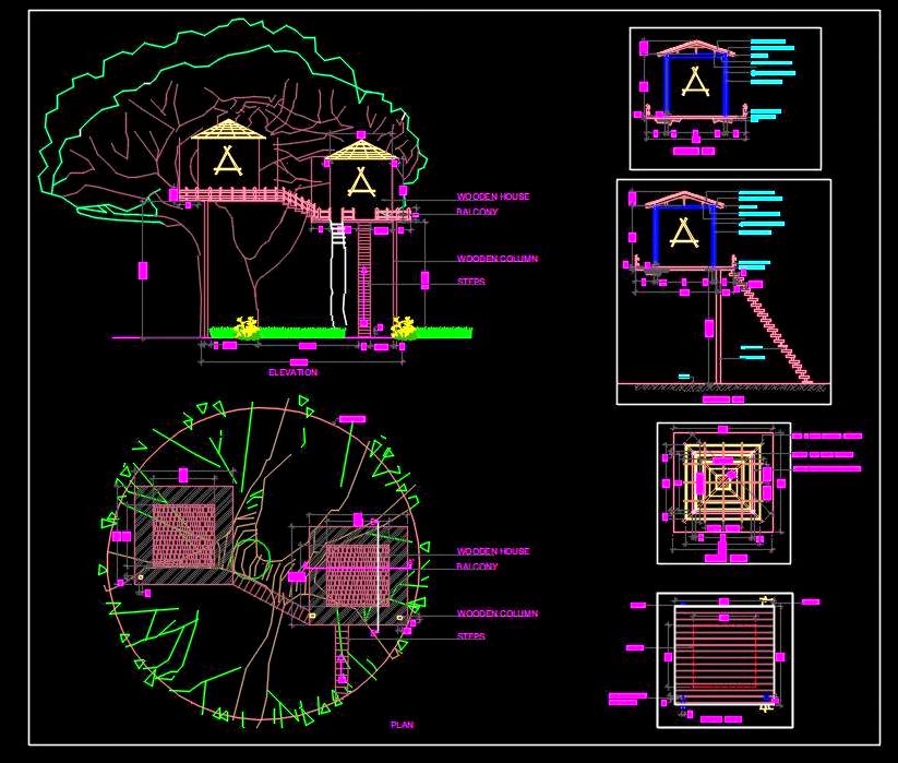 Treehouse Autocad DWG- Two Houses on One Tree